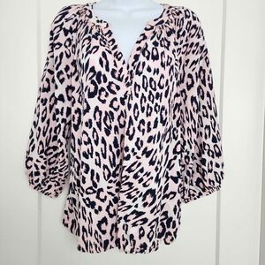 Crown & Ivy Womens Blouse Top Sz Medium M Pink Navy Leopard‎ Print Peasant Boho